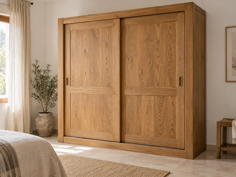 Armario de madera maciza de roble con puertas correderas en un dormitorio