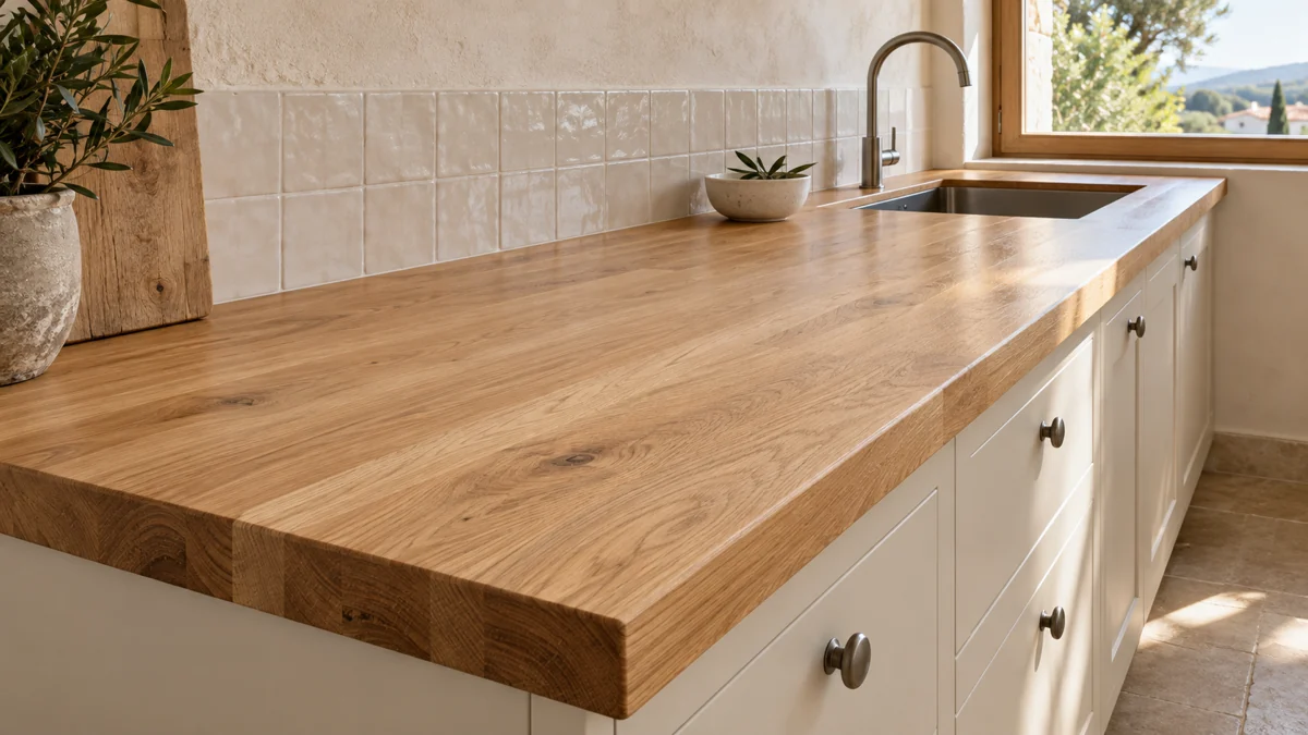 Superficie de trabajo de madera maciza encolada, montada sobre los muebles bajos de una cocina