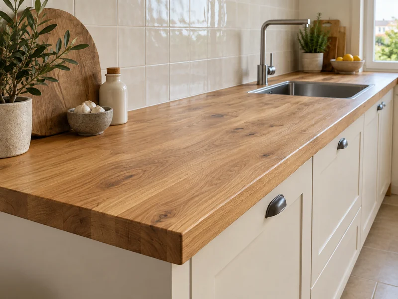 Encimera de madera maciza instalada sobre los muebles de una cocina