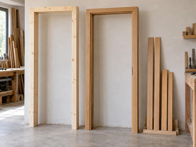Conjunto de premarco de madera, marco y tapajuntas preparado para una puerta de interior