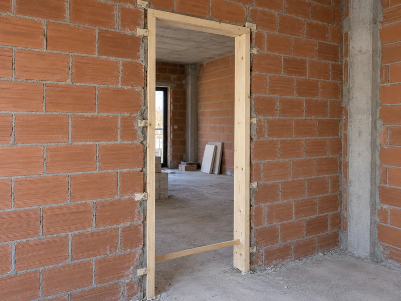 Premarco de madera colocado en el hueco de una pared durante la obra, antes del enlucido
