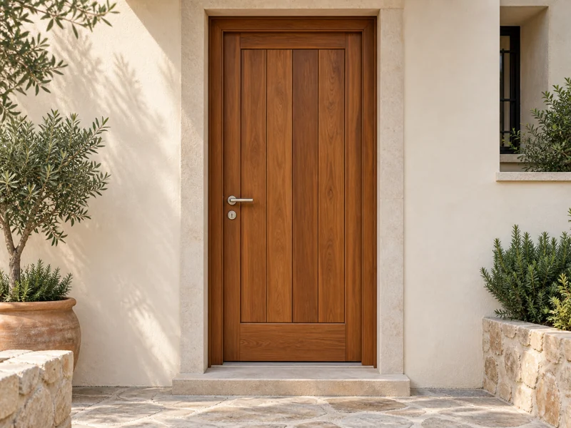 Puerta de entrada de madera maciza instalada en el acceso principal de una vivienda