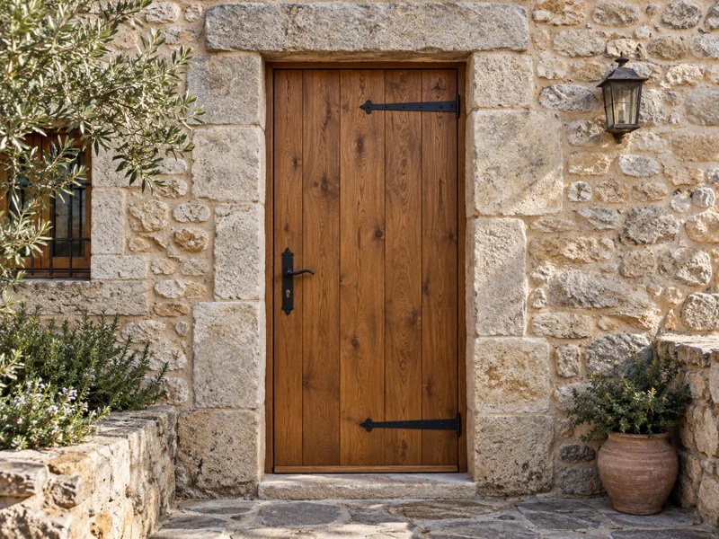 Puerta rústica de madera maciza en la entrada de una casa de campo con fachada de piedra