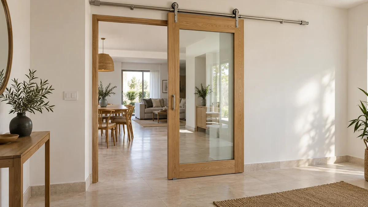 Hoja deslizante transparente con marco de madera, en el paso de una vivienda