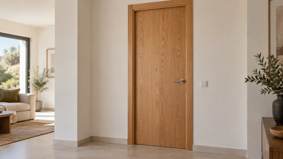 Hoja maciza de roble instalada en una vivienda, con marco a juego