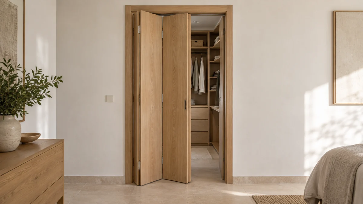 Hoja de madera en fuelle, instalada en el hueco de un vestidor