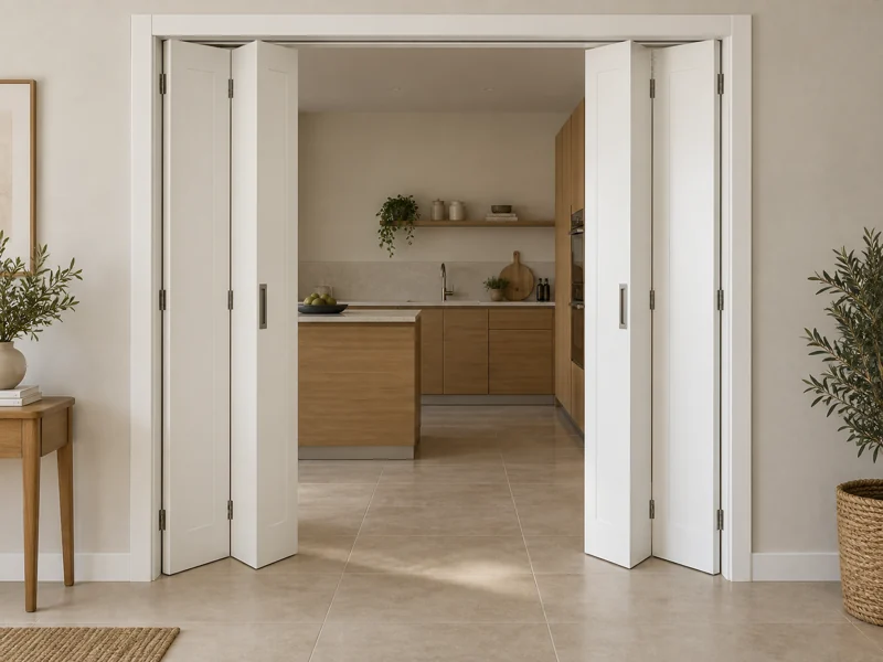 Puerta plegable de 4 hojas lacada en blanco instalada en el paso de una cocina