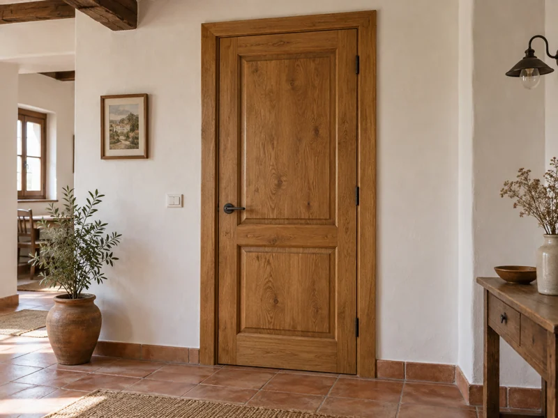 Puerta rústica de madera instalada en el hueco de paso de una vivienda